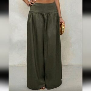 Vintage Low-Waist Wide Leg Pants, Draped Casual Women's Trousers Olive Green Pan